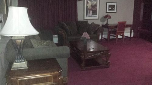 a living room with a couch and a table with a lamp at South Hill Lodge in Prince Albert