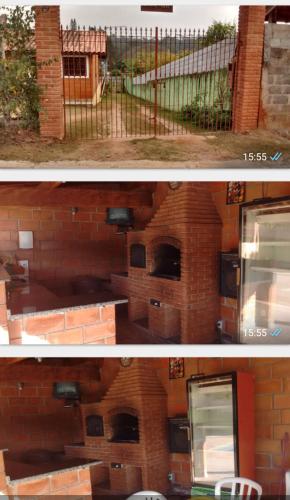 deux photos d'un bâtiment avec un mur en briques dans l'établissement Chácara Canto Verde Atibaia, à Atibaia