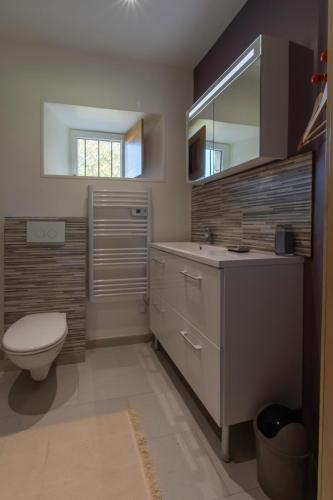 une salle de bain avec toilettes, lavabo et miroir dans l'établissement le Guimapé, à Assay