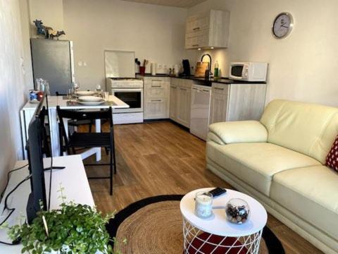 uma sala de estar com um sofá e uma cozinha em Appartement Alpin em Bourg-Saint-Maurice