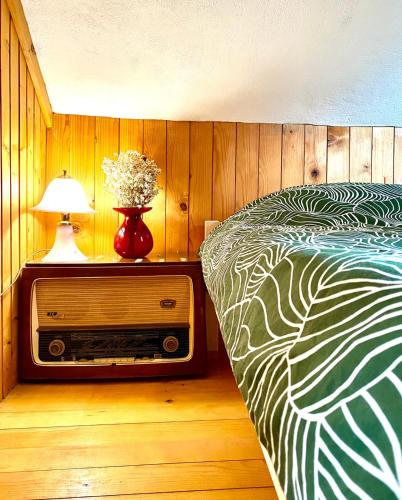 a bedroom with a bed and a television and a lamp at Family Peace Chalet Brinovska & Scenic Mt Views in Ortnek