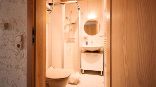 a bathroom with a shower and a toilet and a sink at Pension Eichertstüberl in Furth im Wald