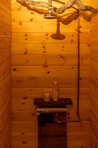 a bathroom in a log cabin with a wooden wall at A la source de Lavis in Houyet