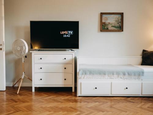 a bedroom with a bed and a tv on a dresser at Vila Na Landeku in Ostrava