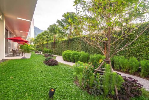 un jardín con un árbol en medio de un patio en Ramada by Wyndham Phuket Deevana Patong - SHA Extra Plus, en Patong Beach