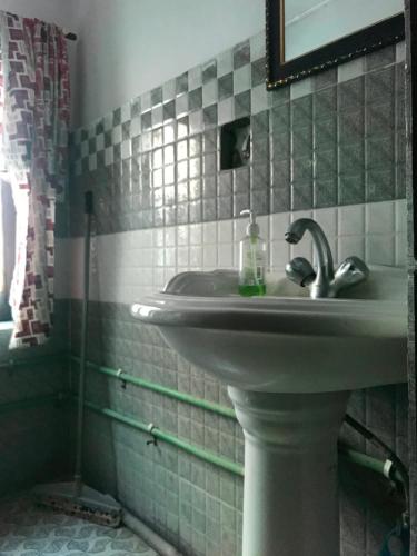 uma casa de banho com um lavatório e um espelho em Spiti Horizon Homestay em Kaza