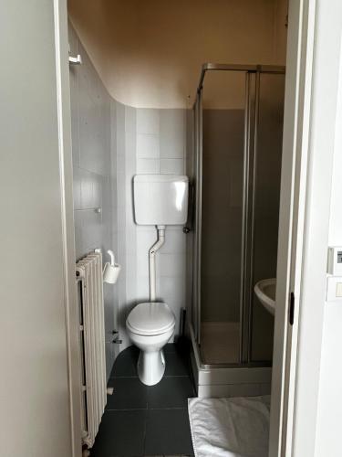 a small bathroom with a toilet and a shower at Villa Tergeste in Trieste