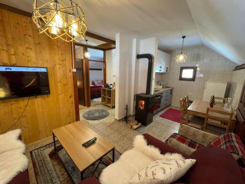 a living room with a couch and a table and a stove at Cottage in the wild Pješčanica in Kolašin