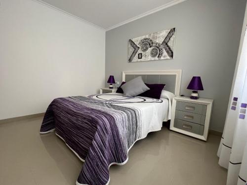 ArouにあるApartamentos María de Lucía - Piso Aのベッドルーム(紫の毛布付きのベッド1台付)