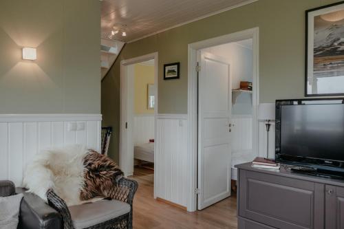 a living room with a couch and a television at Brúnastaðir Holiday Home in Barð