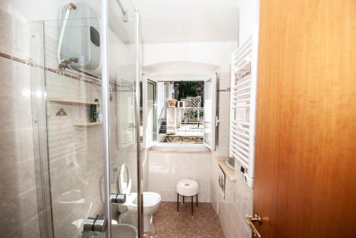 a bathroom with a toilet and a glass shower at Luxury Seaview Apartments Manarola by Arbaspàa in Manarola