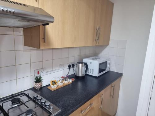 a kitchen with a stove top oven next to a microwave at Mornington Place in London