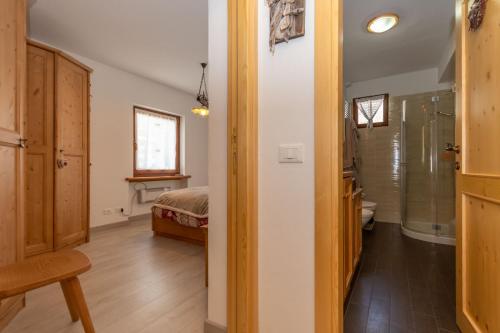 a bedroom with a shower and a bed in a room at Miralago in Alleghe