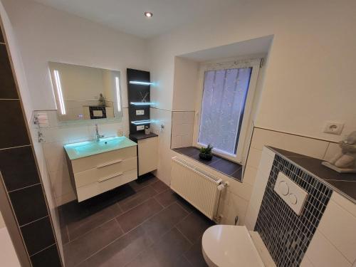 a bathroom with a toilet and a sink and a window at Haus Mika in Cochem