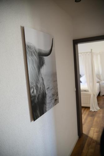 a picture of a bull hanging on a wall at Ferienwohnung Die Alte Schule in Daun