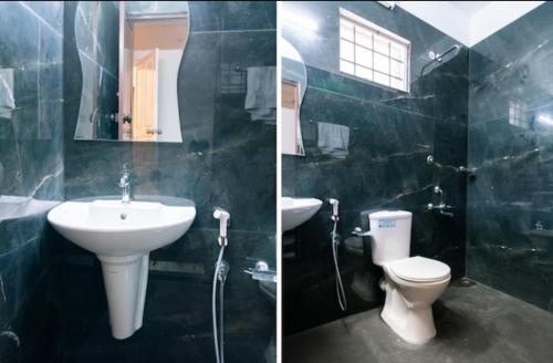 two pictures of a bathroom with a sink and a toilet at Kalapurayil Residency in Kakkanad