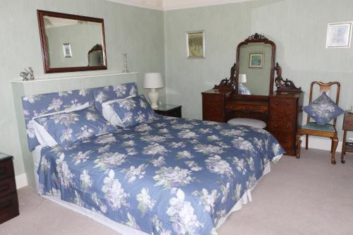 a bedroom with a blue and white bed and a mirror at Ellerton Lodge Bed and Breakfast Swaledale in Richmond