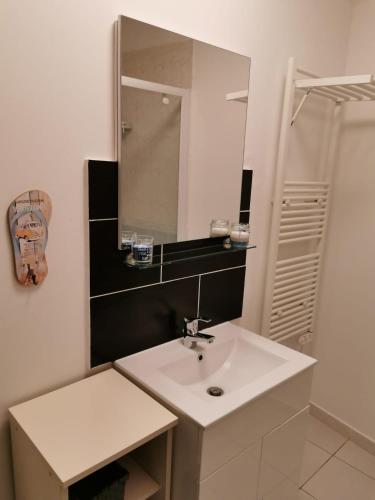 une salle de bain avec un lavabo blanc et un miroir dans l'établissement Appartement Azur, à Balaruc-les-Bains