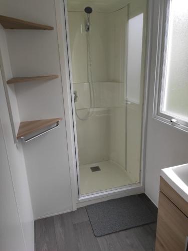 une douche avec une porte vitrée dans une salle de bain dans l'établissement Le 384 mobil home, à Lattes
