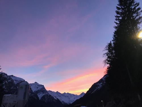 a sunset in the mountains with a tree in the foreground at Katja´s Ferienwohnung in Trins