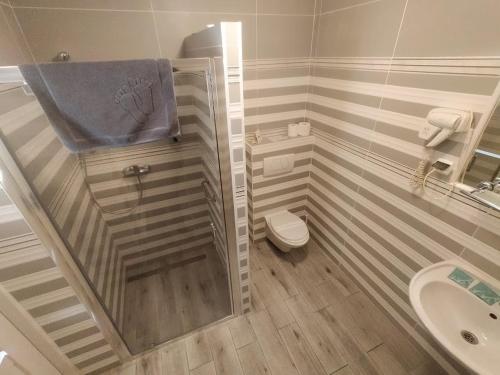 a bathroom with a shower and a toilet and a sink at RJ Hotel in Pabianice