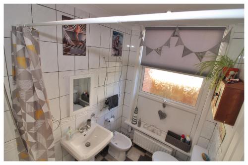 uma casa de banho com um lavatório, um WC e uma janela. em Self Contained Flat with Private Garden & Parking em Sandown