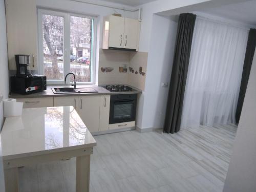 una cucina con lavandino, piano cottura e finestra di Luxury apartament a Curtea de Argeş