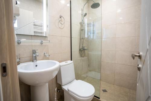 a bathroom with a toilet and a sink and a shower at Eltisy Guest House in Stepantsminda