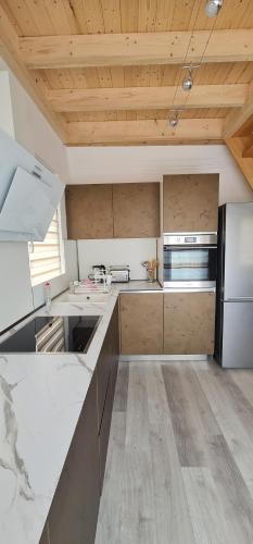 a kitchen with white appliances and a wooden ceiling at Ferienwohnungen Yanev in Oberkotzau