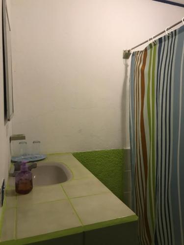 a bathroom with a sink and a shower curtain at El Pargo Feliz in Montezuma