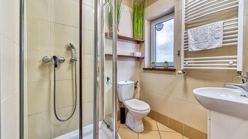 La salle de bains est pourvue d'une douche, de toilettes et d'un lavabo. dans l'établissement Karpaczowy Klimat przy Deptaku - 5D Apartamenty, à Karpacz