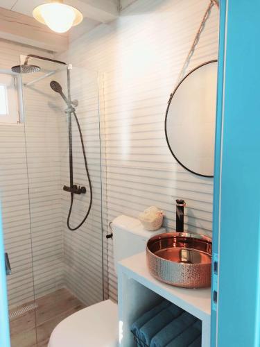 a bathroom with a shower and a toilet and a sink at Seaside cottage 'Little white port' in Lučica