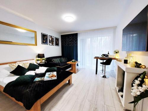 Apartament obejmuje sypialnię z łóżkiem oraz salon z biurkiem. w obiekcie Apartment mit Blick auf den Park - Apartament MARIW MATEJKI 17 z widokiem na park w Świnoujściu