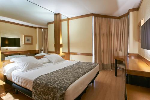 a hotel room with a large bed and a desk at Los Arcos in Segovia