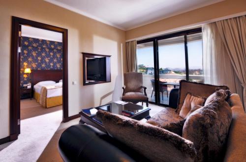 een woonkamer met een bank en een kamer met een slaapkamer bij Hotel Monec in Ankara