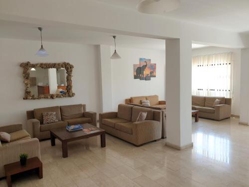 a living room with couches and a table and a mirror at Florea Hotel Apartments in Ayia Napa