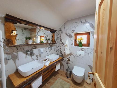 La salle de bains est pourvue d'un lavabo et de toilettes. dans l'établissement Plitvice Green Valley, aux lacs de Plitvice
