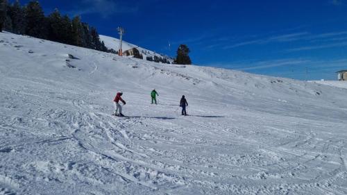 three people are skiing down a snow covered slope at Villa Vager in Levidhion