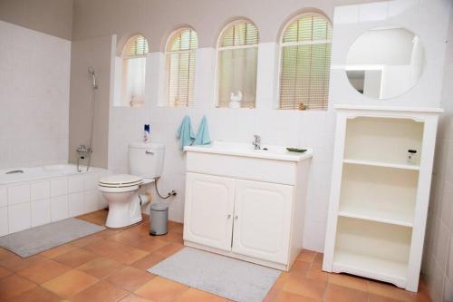 Baño blanco con aseo y lavamanos en Oakdene Cottage, en Roodepoort