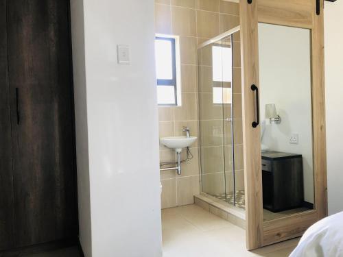 a bathroom with a shower and a sink and a mirror at Tranquility Guesthouse in Standerton