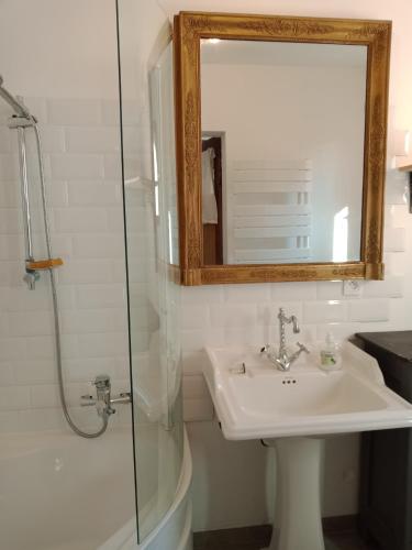 une salle de bain avec un lavabo et une douche avec un miroir dans l'établissement GITE LE SERPOLET BORD DE MER, à Saint Martin de Brehal