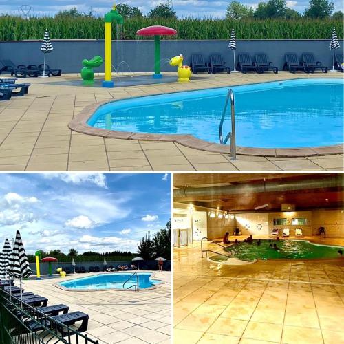 - une piscine dans un complexe avec des chaises et un parasol dans l'établissement Visitez l'Alsace, Europa Parc et Rulantica E62, à Boofzheim