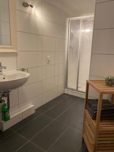 bagno bianco con lavandino e doccia di Ferienwohnung Am Kurpark in Bad Rothenfelde a Bad Rothenfelde