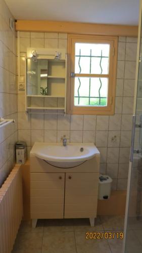 une salle de bain avec un lavabo et une fenêtre dans l'établissement le tilleul, à Sainte-Geneviève-lès-Gasny