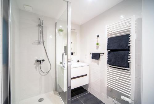 ein weißes Bad mit einer Dusche und einem Waschbecken in der Unterkunft Loft au coeur du centre ville in Mâcon