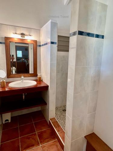 a bathroom with a sink and a shower at Villa Le Refuge du Pirate in Deshaies