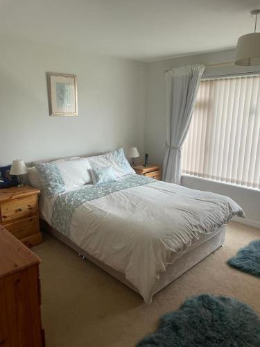 Un dormitorio con una cama grande y una ventana en Trudora en Tintagel