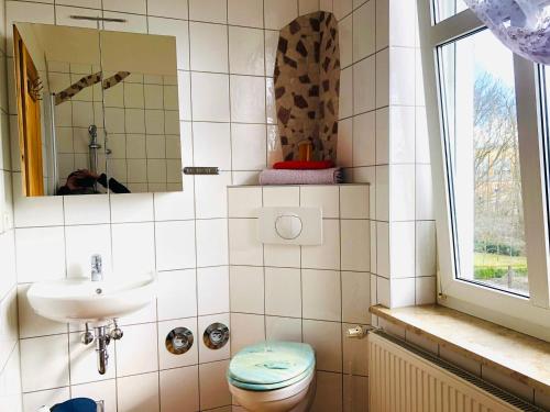 La salle de bains est pourvue de toilettes, d'un lavabo et d'une fenêtre. dans l'établissement Ferienhof - Ferienwohnung, à Gadebusch