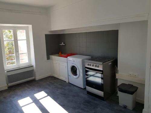 une cuisine avec une cuisinière et une machine à laver dans l'établissement APPARTEMENT Duo, à Port-la-Nouvelle