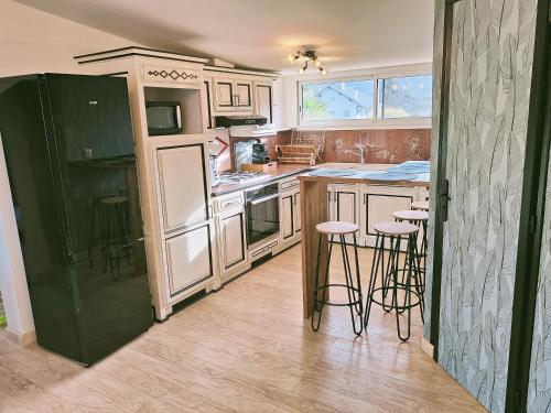 cocina con armarios blancos y nevera verde en Appartement à l'entrée des trois vallées des Pyrénées - 50m2, 